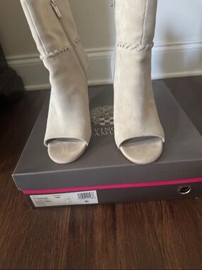 Vince Camuto Open-Toe Suede Ankle Boots in Beige
